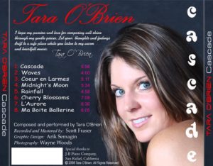 The back cover of Piano Influencer, Tara Boykin's first CD, Cascade.