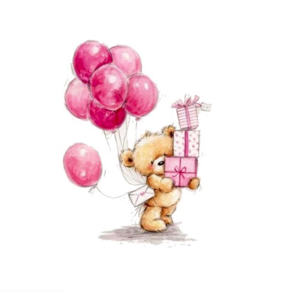 A cartoon bear holding pink balloons and pink presents 