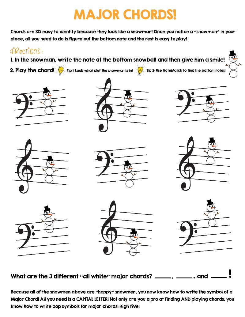 Snowman Pages out of the Chords 1 Workbook: A fun way to teach students how to play chords 